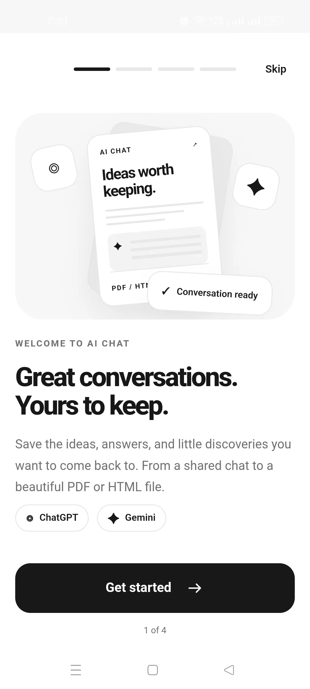 AI Chat Exporter welcome screen showing a conversation ready to become a PDF or HTML file