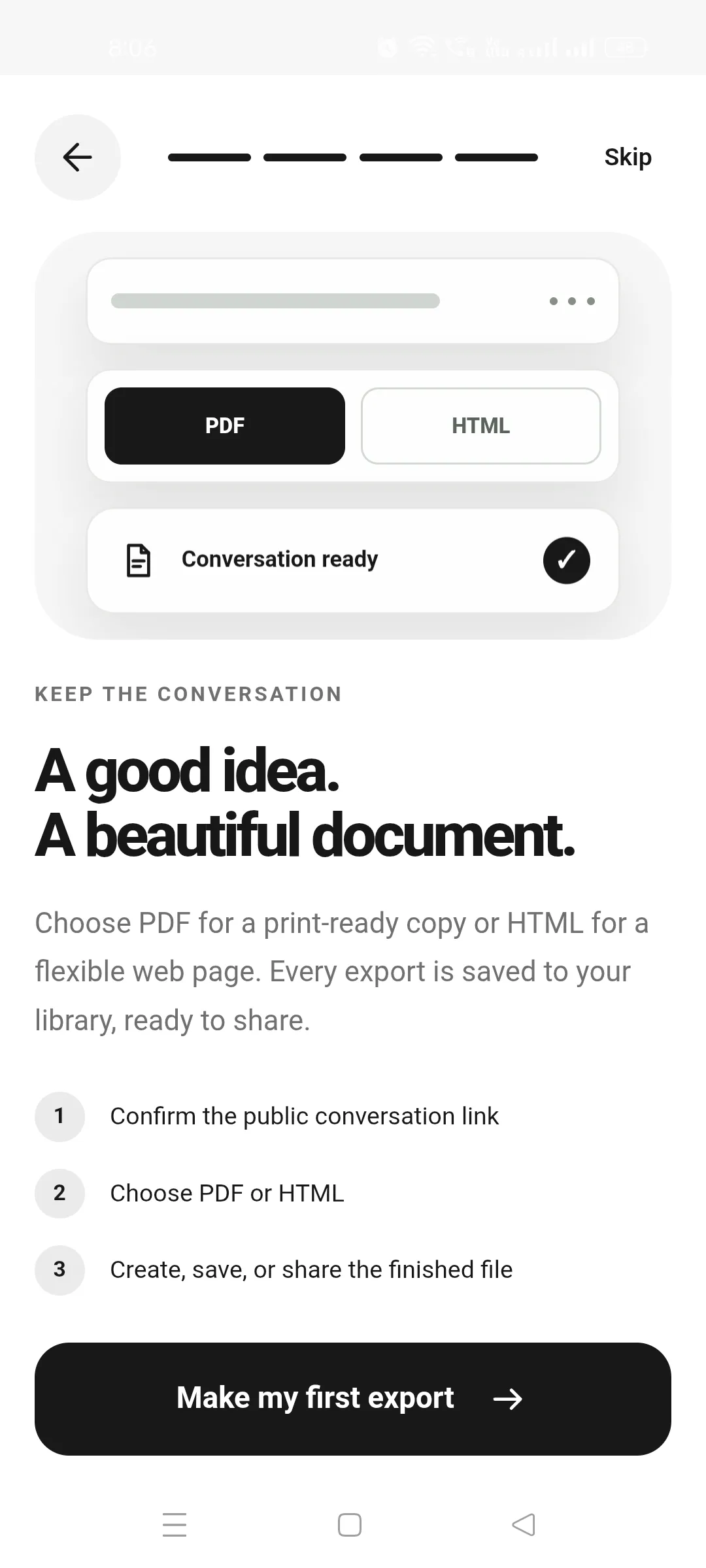 AI Chat Exporter confirmation screen for a PDF or HTML conversation export
