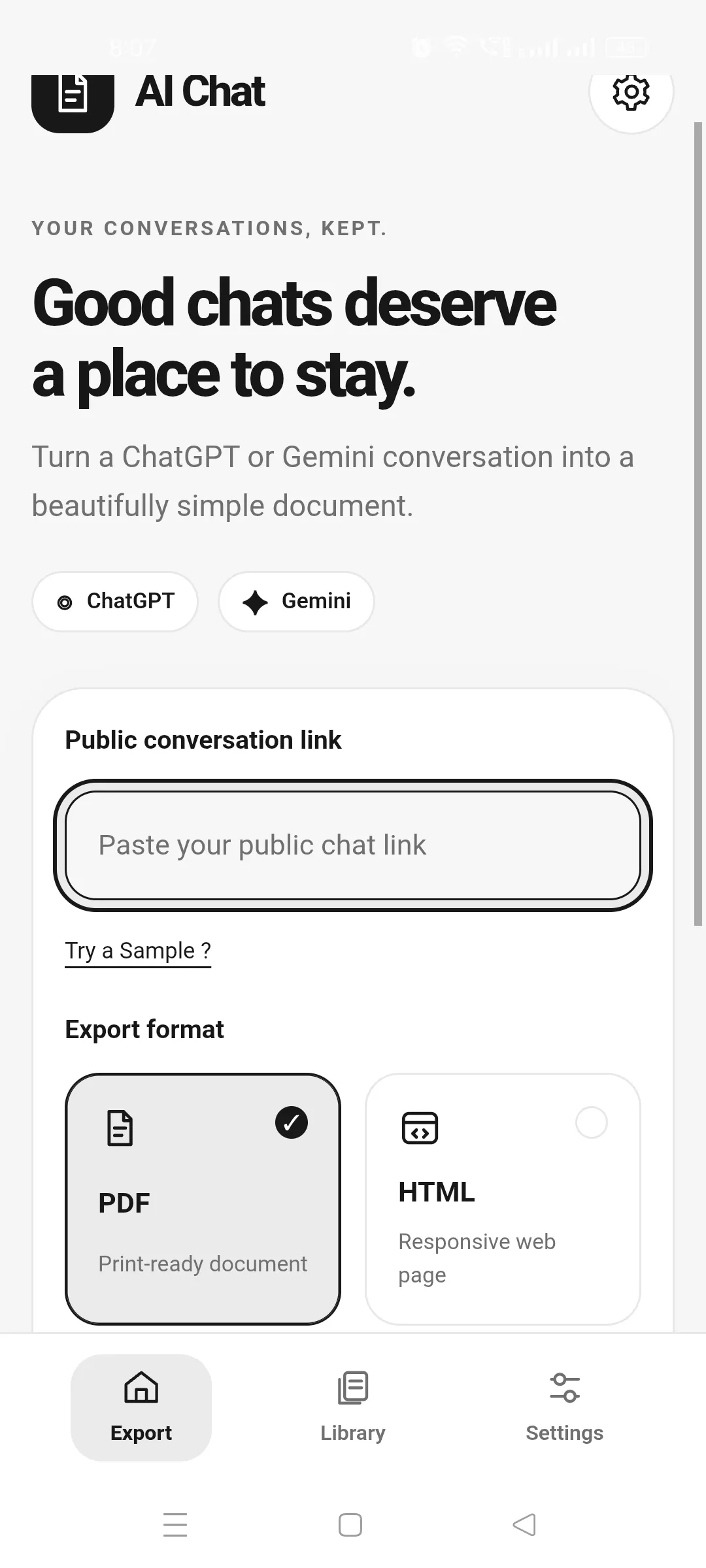 Pasting a public chat link and choosing an export format in AI Chat Exporter